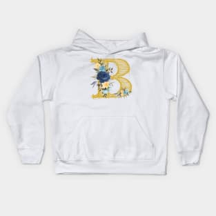 Monogram Letter B In Metallic Gold With Aesthetic Blue Flowers Botany Kids Hoodie